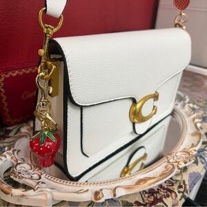 Custom Tabby Purse White Faux Leather Shoulder Bag w Strawberry Charms
